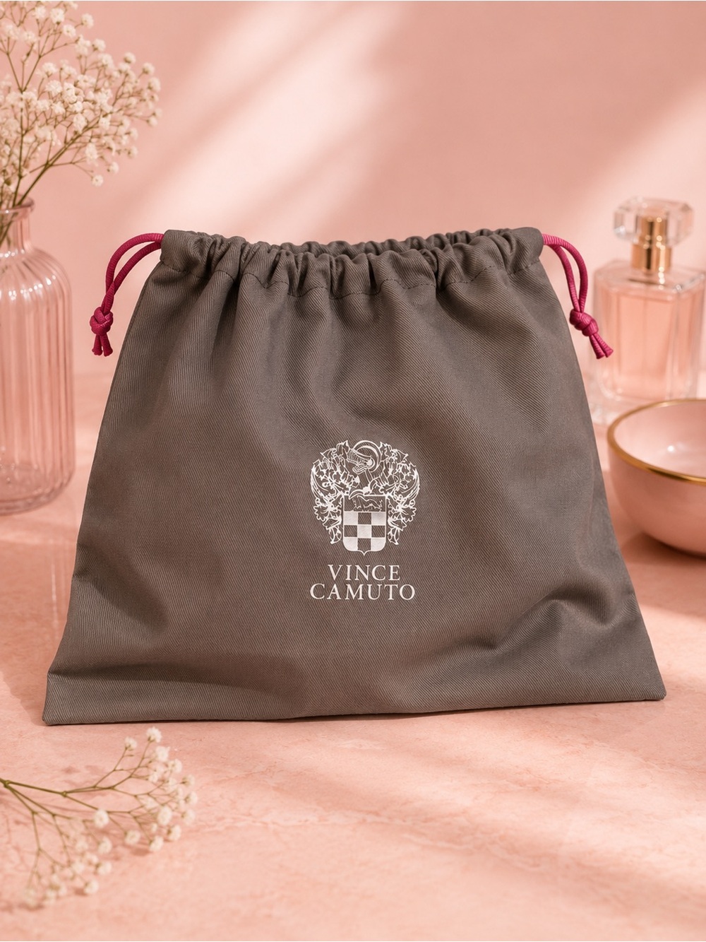 Vince Camuto Charcoal Drawstring Pouch with Berry Cords